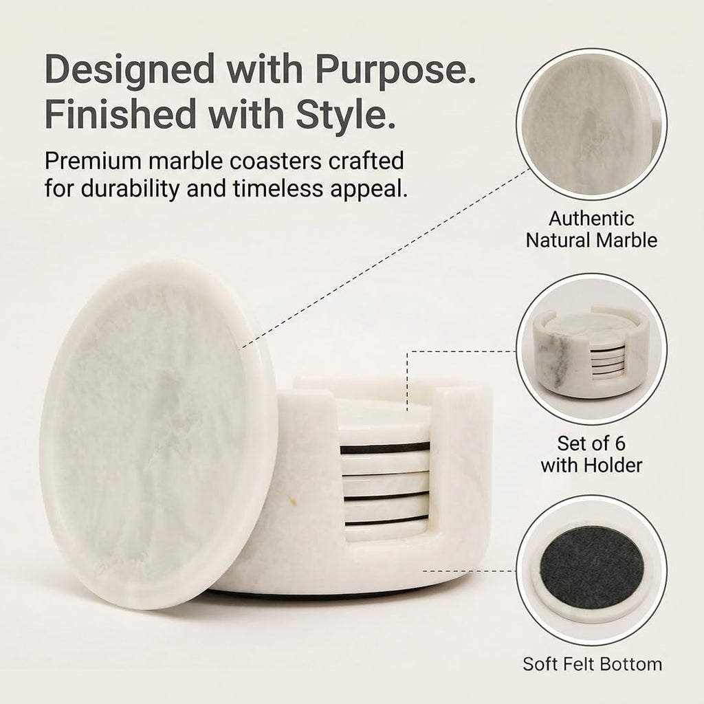 Marble Coasters with Holder, 3.5 Inch Round Drink Coasters for Tabletop and Coffee Table Decor, White - Set of 6