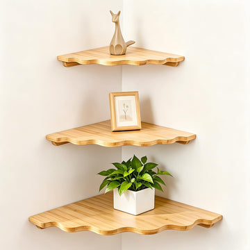 Corner Floating Shelf Wall Mount, Set of 3 Floating Corner Shelves, Bamboo Wood Corner Hanging Shelves with Cord Hole