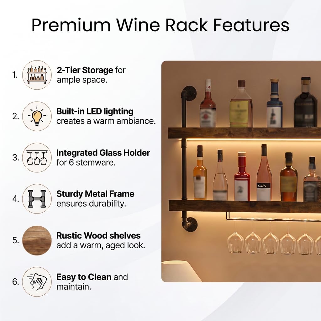 2-Tier Wall Mounted Wine Rack with LED Lights,47.2" W | Bar Shelves Wall Mounted,Hanging Liquor & Wine Glass Rack