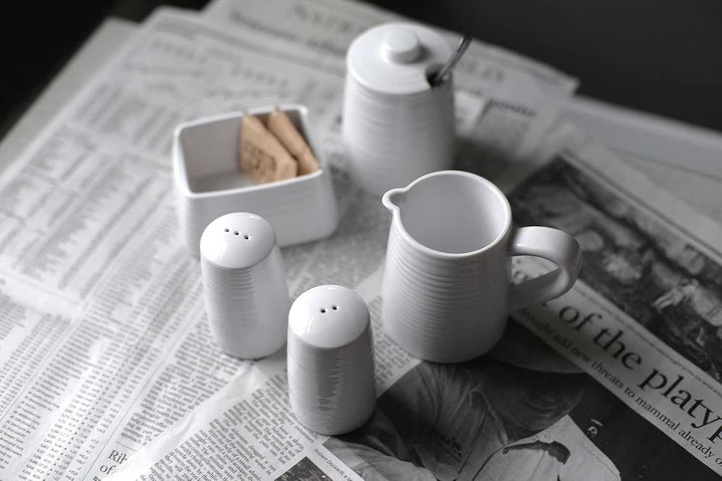10413 Salt & Pepper Shaker Set, Pulito Collection, 1.25 oz, 2" Dia x 3.375" H, White Melamine with Textured Finish