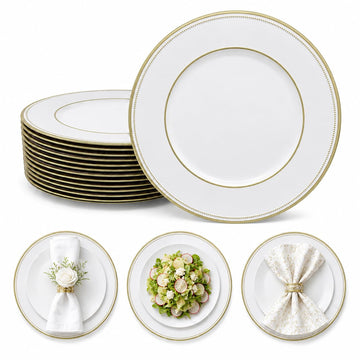 Modern White Charger Plates Set of 12-13in Gold Beaded Rim Chargers for Dinner Plates- Heavy Duty Round Plastic Plate