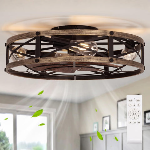 22" Farmhouse Ceiling Fan with Light, Rustic Caged Bladeless Low Profile Ceiling Fans with Lights and Remote