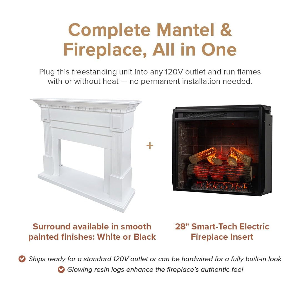 Augustine White Mantel Package 55" W x 48" H with 28 Inch Electric Fireplace Insert - 400 SqFt Heater 5 Flame Colors