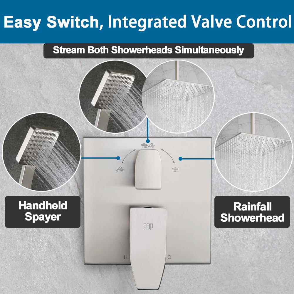12 Inch Ceiling Mount Shower Faucet Set Brushed Nickel Ceiling Rainfall Shower Head and Handle Set Bathroom Rain