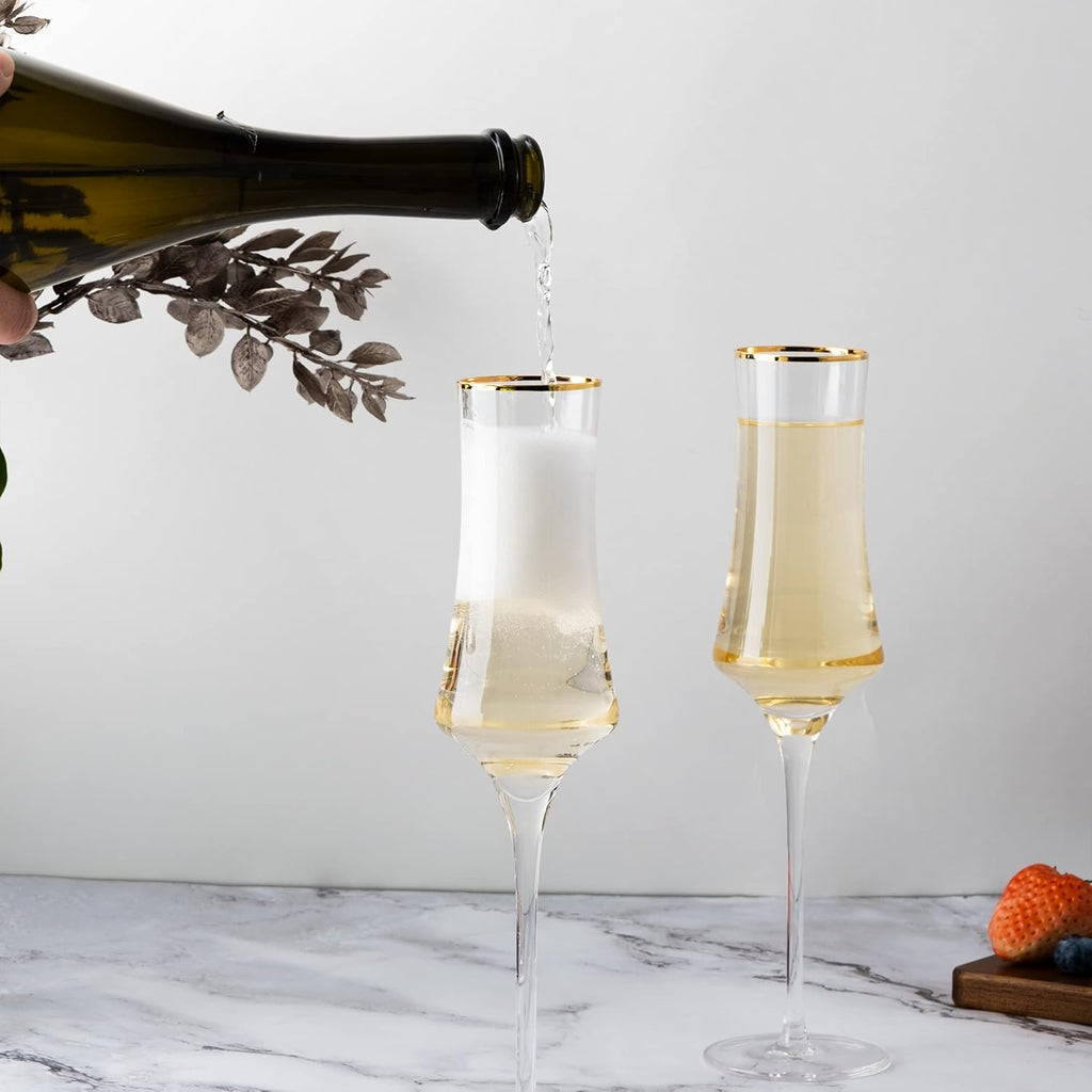 Champagne Flutes Glasses 8oz Set of 6 Clear Crystal Lead-Free Stemware Champagne Glass With Gold Rim