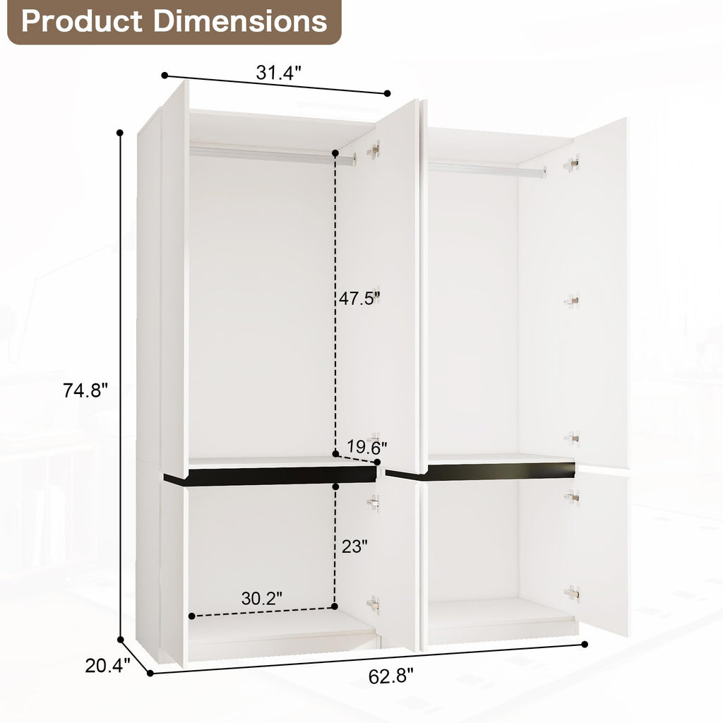 White Armoire Wardrobe Closet with 4 Doors, 74" Tall x 63" Wide