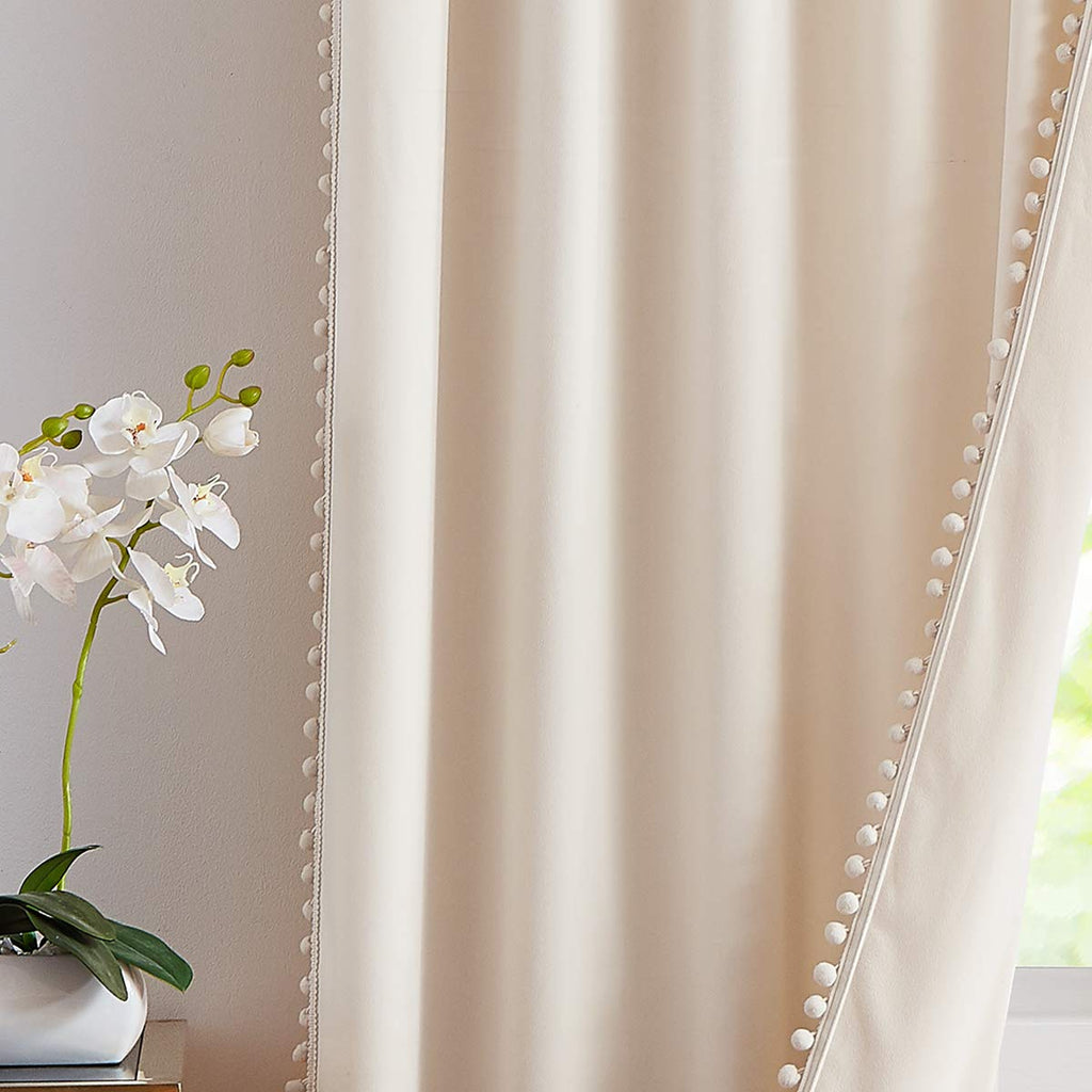 Ivory Velvet Curtains 40x95" Pom Pom Bedroom Window Drape 2