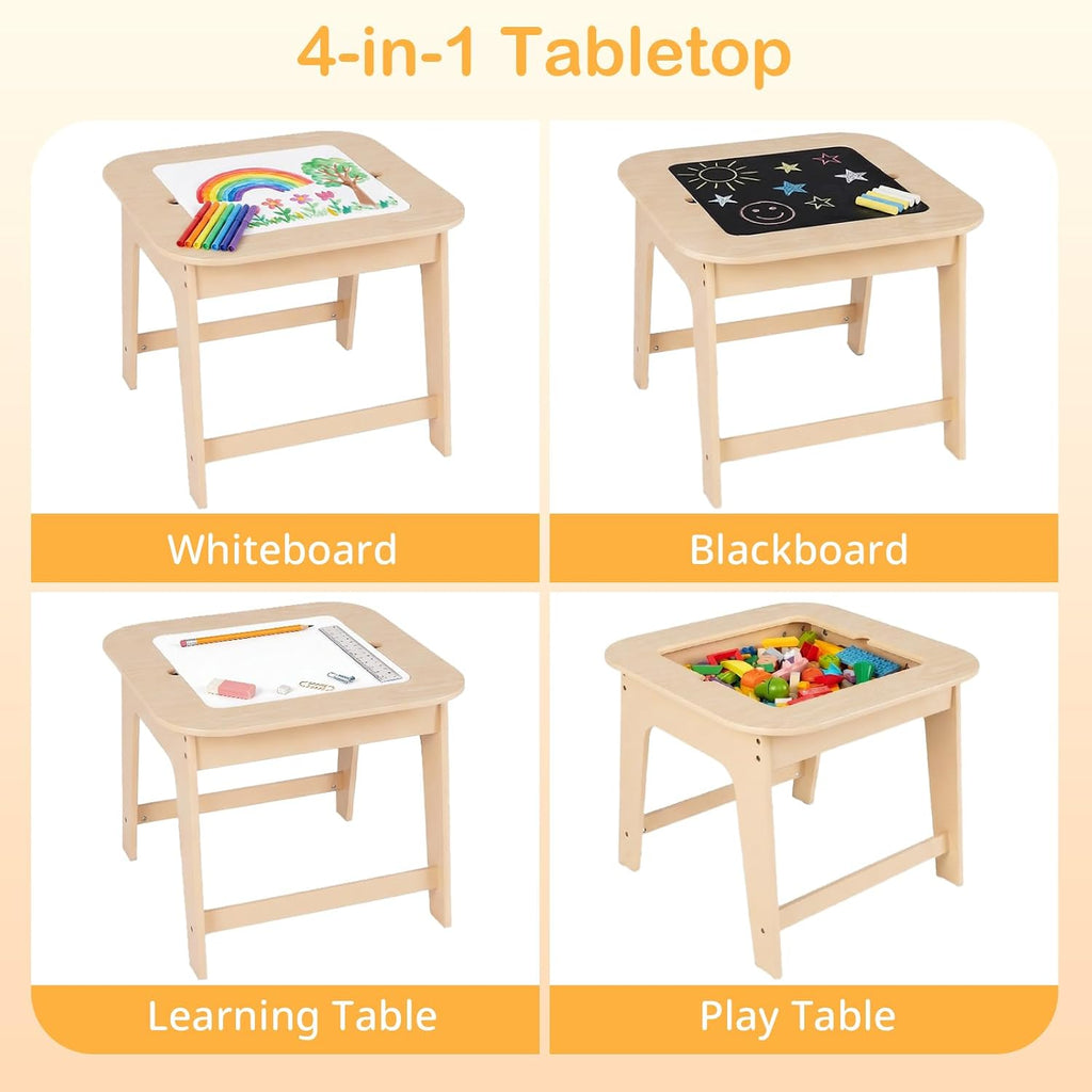 Kids Table and Chair Set, 3 in 1 Wooden Activity Table with Removable Tabletop, Blackboard and Whiteboard