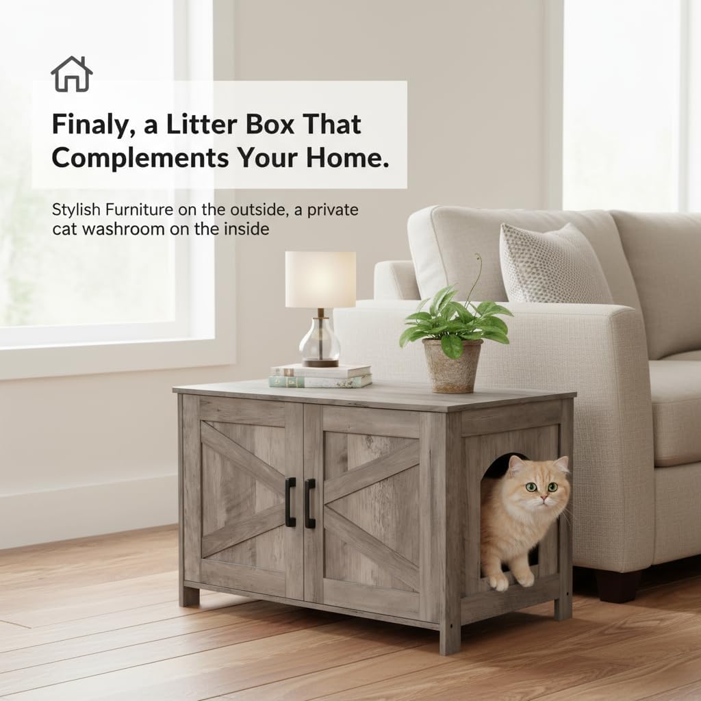 31.5" L Cat Litter Box Enclosure with Barn Door, Greige