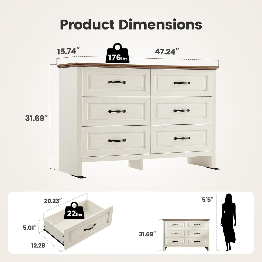 Farmhouse 6 Drawer Dresser, Wood with Natural Texture, Brown & White
