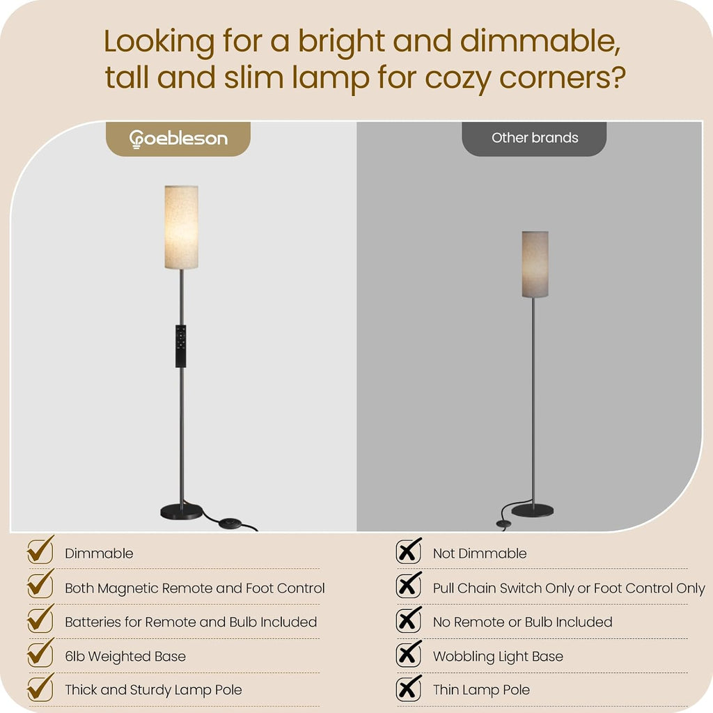 64.4" Slim Floor Lamp with Magnetic Remote and Foot Switch, Dimmable Standing Tall Lamp Mood Nursery, 3 Color