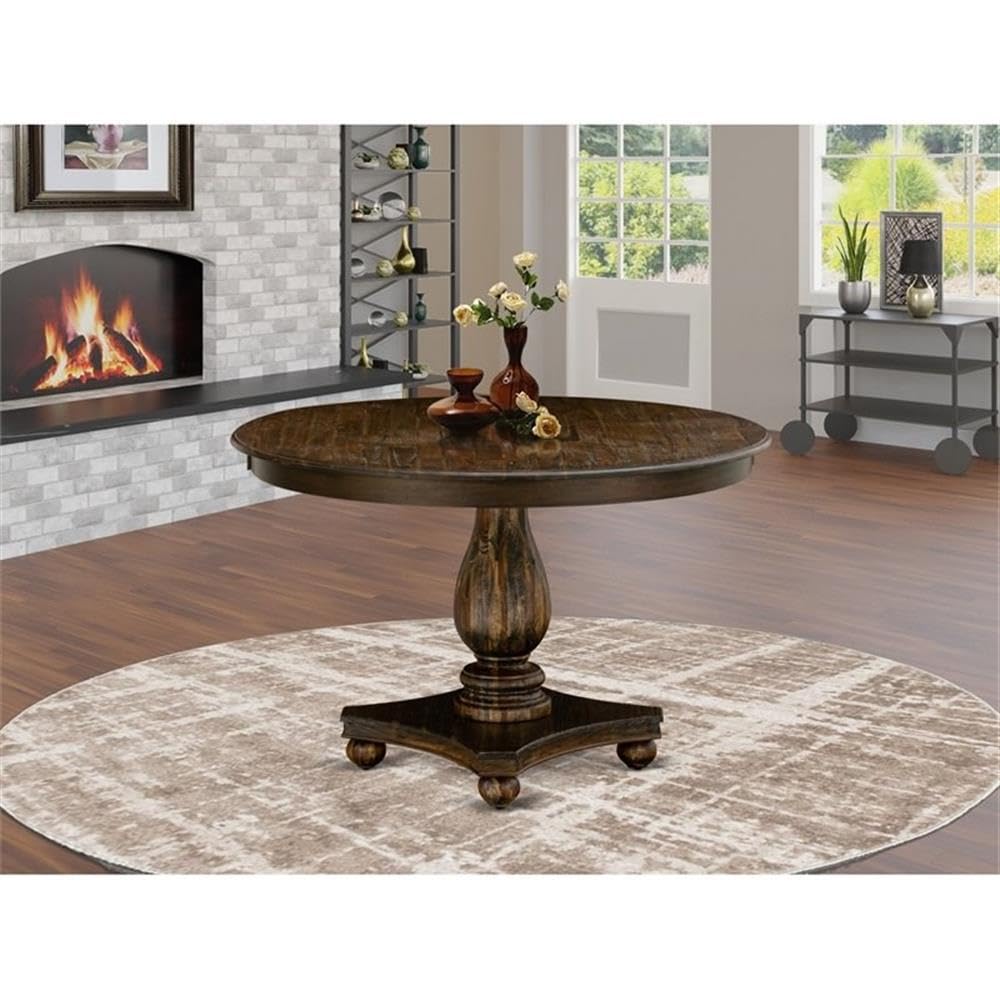 Ferris Dining Table - a Round Wooden Table Top with Pedestal Base, 48x48 Inch, Distressed Jacobean