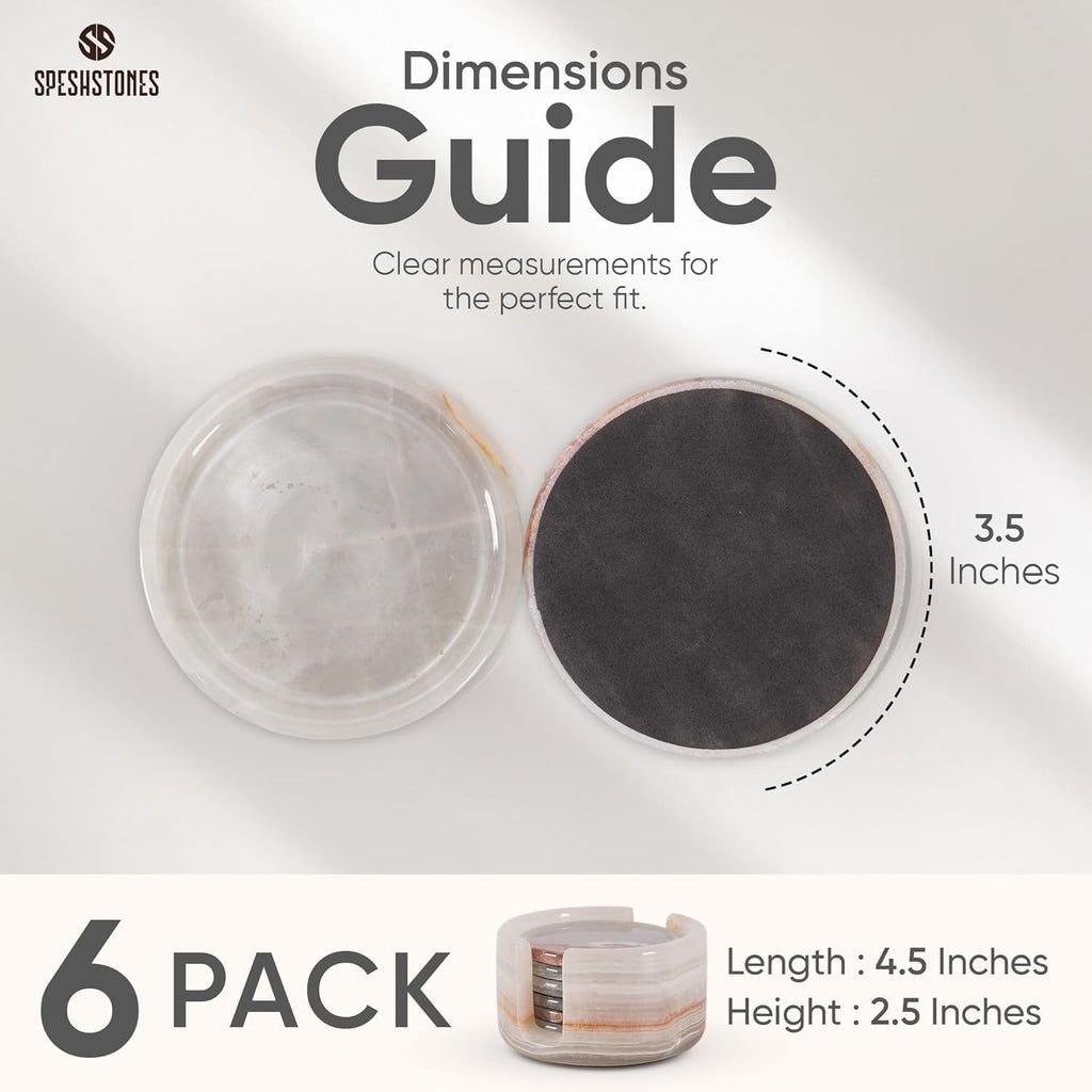 Marble Coasters Cream Onyx 3.5 Inch Round Stone Coaster for Drinks with Holder - Ideal Drink Coasters - Set of 6