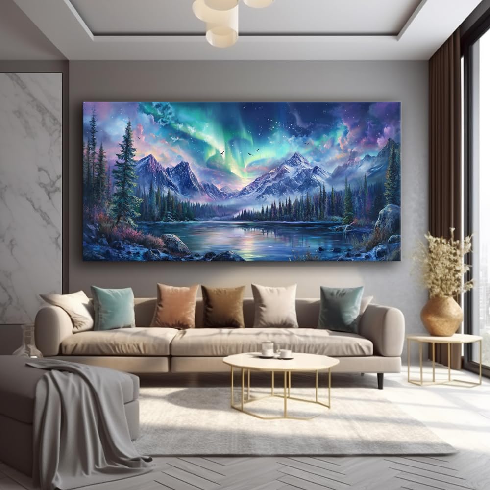 A Borealis Canvas Wall Art Northern Lights Wall Printing Farmhouse Abstract Snow Mountain Tree Forest Scenery Canvas
