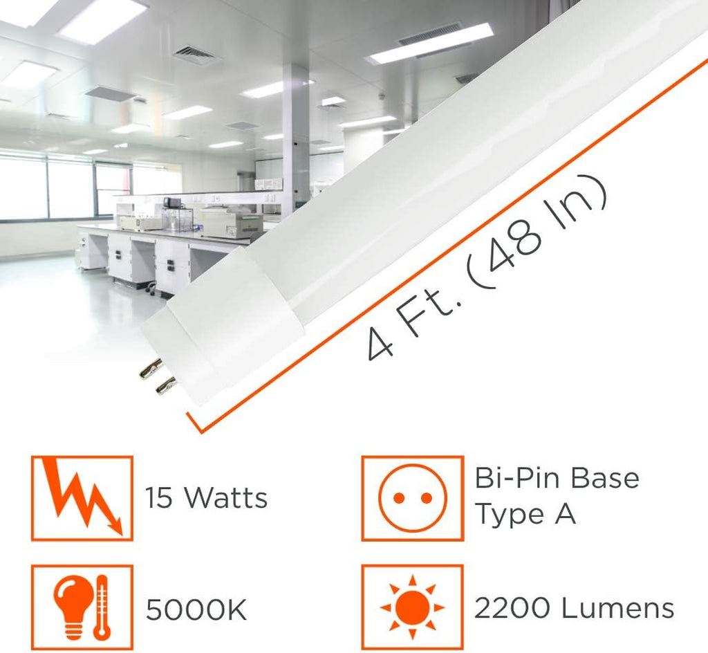 4-ft T8 LED Tube Lights, 15-Watt (32W Equivalent) 5000K Daylight, 2200-Lumens, 83 CRI, Type A Plug & Play (Pack of 25)