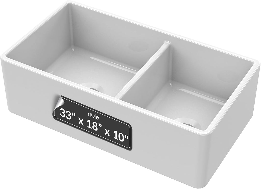 White Kitchen Sink 33 inch 60/40 Double Bowl Apron Front Farmhouse Sink, Stepped Weir Design, Fireclay Ceramic