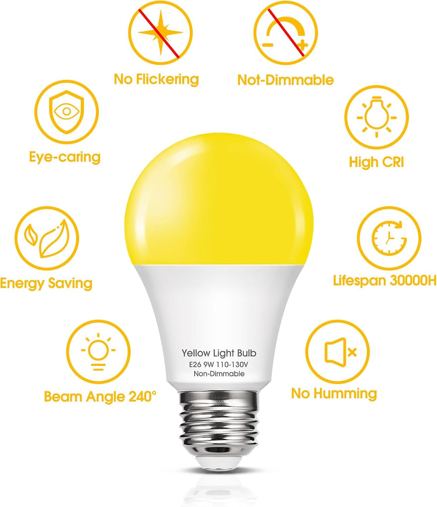 Yellow LED Bug Light Bulbs Outside, Amber Warm A19 LED 60W Equivalent Bulb