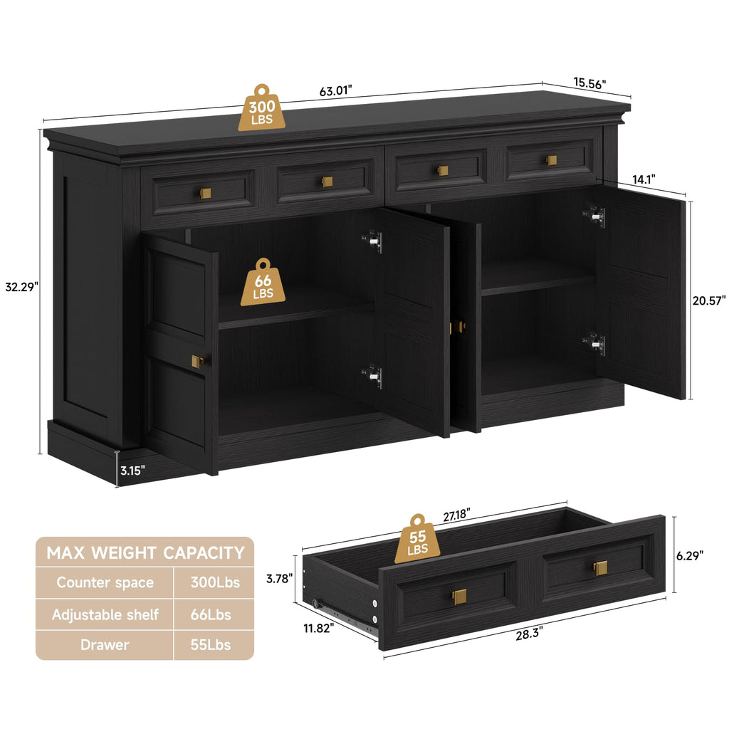 63 Inch Buffet Cabinets with Storage, 4-Doors Sideboard Credenza