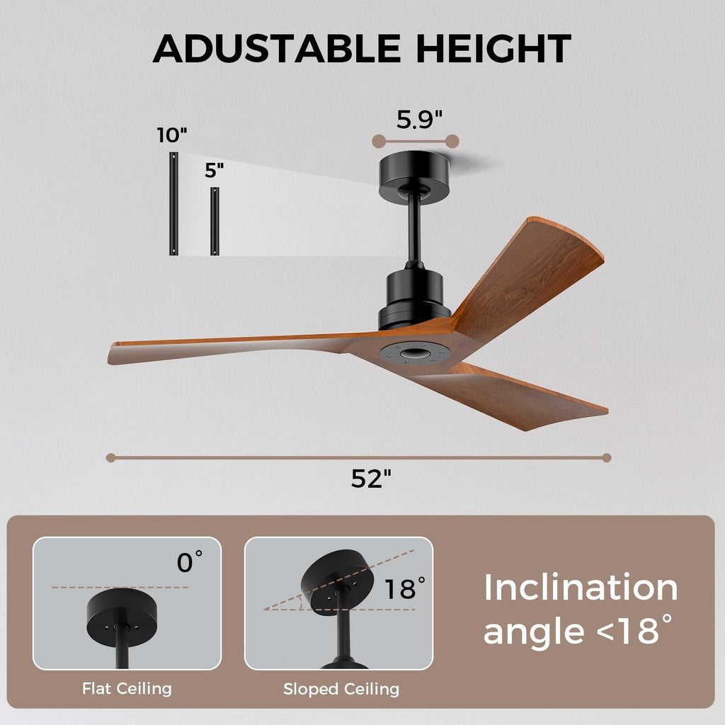 Inspired Adler Style 52" Solid Wood Ceiling Fan Without Light, 3 Sculpted Blades, Quiet DC Motor, 6-Speed Remote - Black and Walnut
