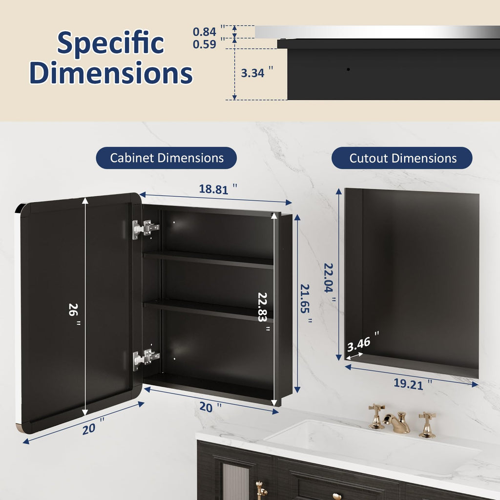 Medicine Cabinet Mirror 20x26 Inch, Chrome Bathroom Mirror Cabinet with Stepless Adjustable Shelves, Stainless Steel
