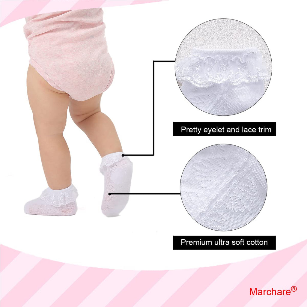 Baby Lace & Frilly Socks - 3 Pack Newborn Girls' Ruffle Eyelet Princess Cotton Socks, White