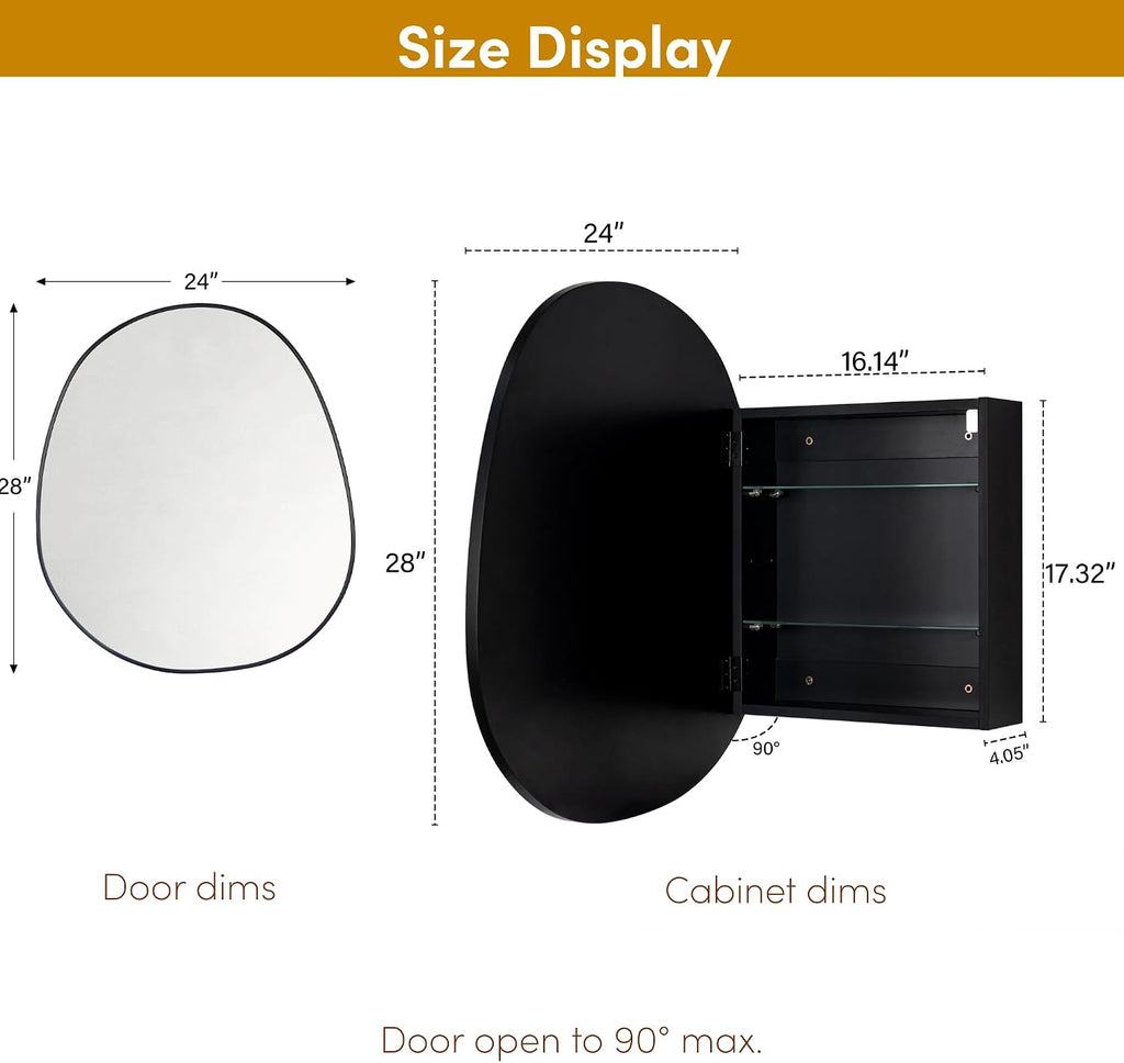 Surface Mount Black Bathroom Medicine Cabinet with Mirror, Wall Mounted Irregular Asymmetrical Bathroom Medicine