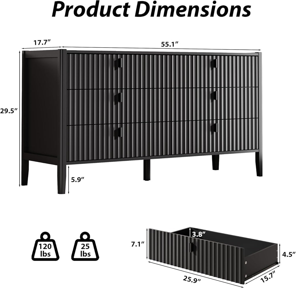 Black 6 Drawer Dresser, Modern Wood Dresser, Fluted Design Double Chest of Drawers with Wood Legs, TV Stand Storage