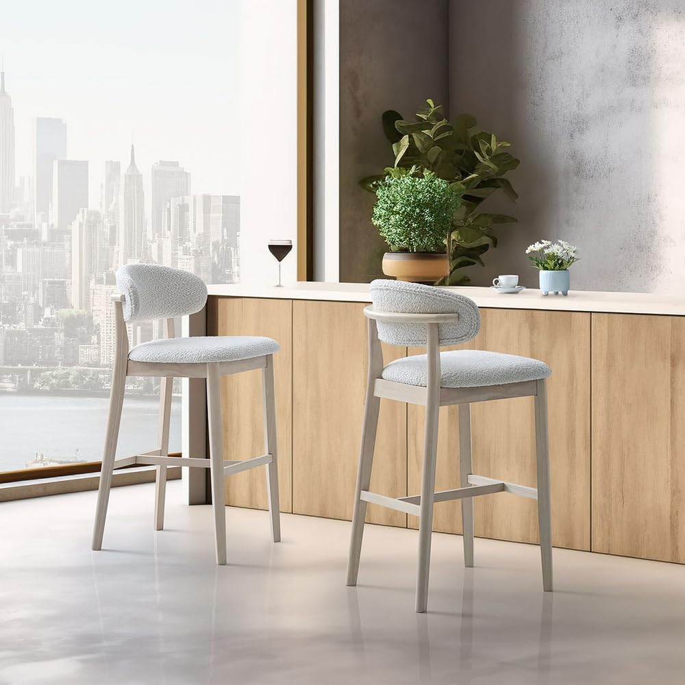 30" Bar Stools Set of 2, Upholstered Bar Height Stool, White Wash Color
