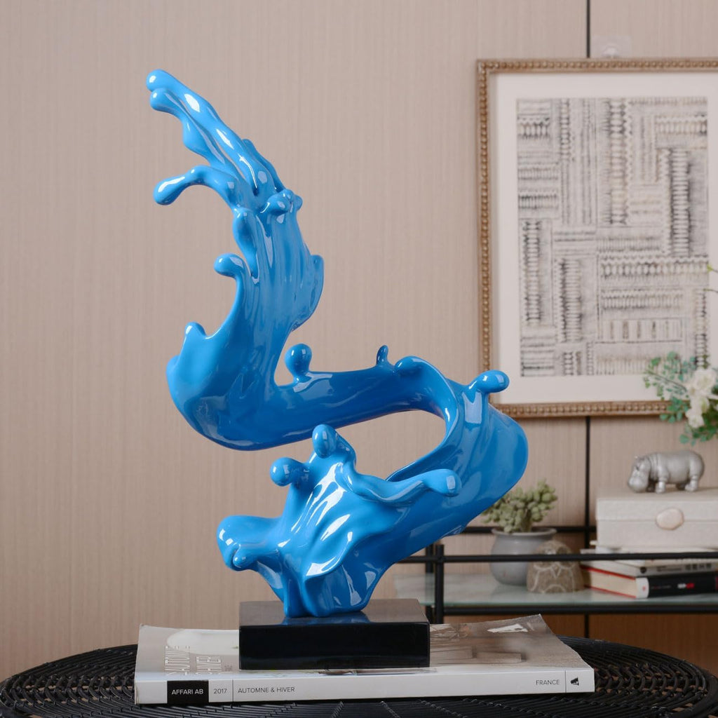 Modern Sculpture Abstract Sea Wave Figurine Home Art Decor 16.1Inch | Blue Resin Handmade Statue with Black Base
