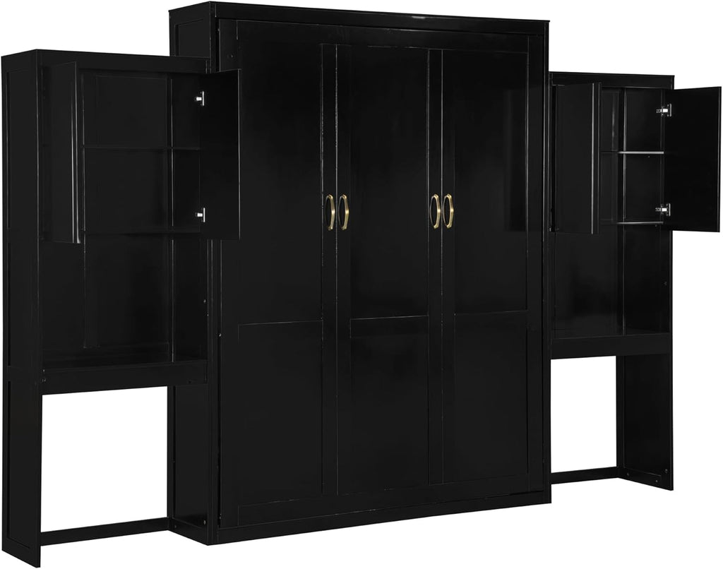 Murphy Bed Queen,Wood Storage Hide Cabinet Wall Beds with Desk and Vanity,Space-Saving Bedroom Furniture w/Cabinets &