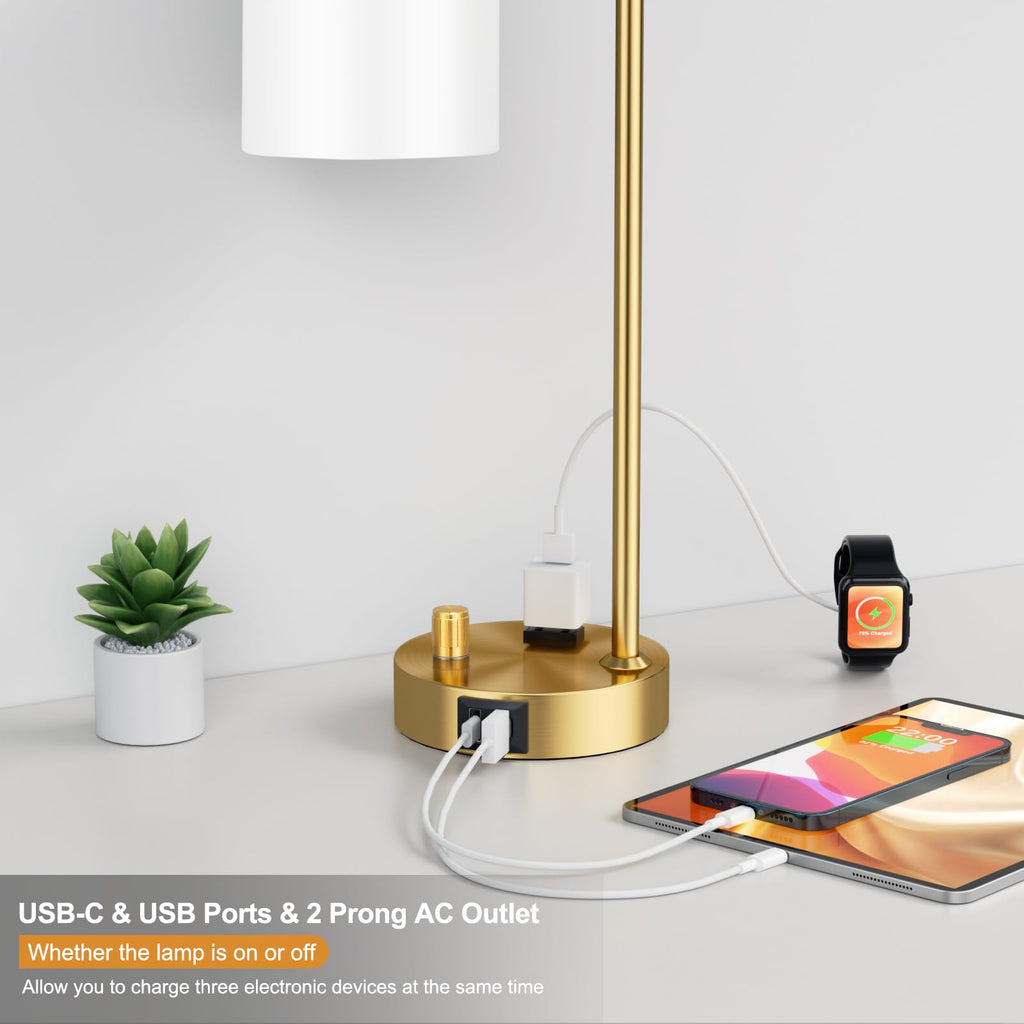 Gold Lamp - Industrial Bedside Table Lamp with USB Port and Outlet, Fully Dimmable Nightstand Lamp with Opal Glass