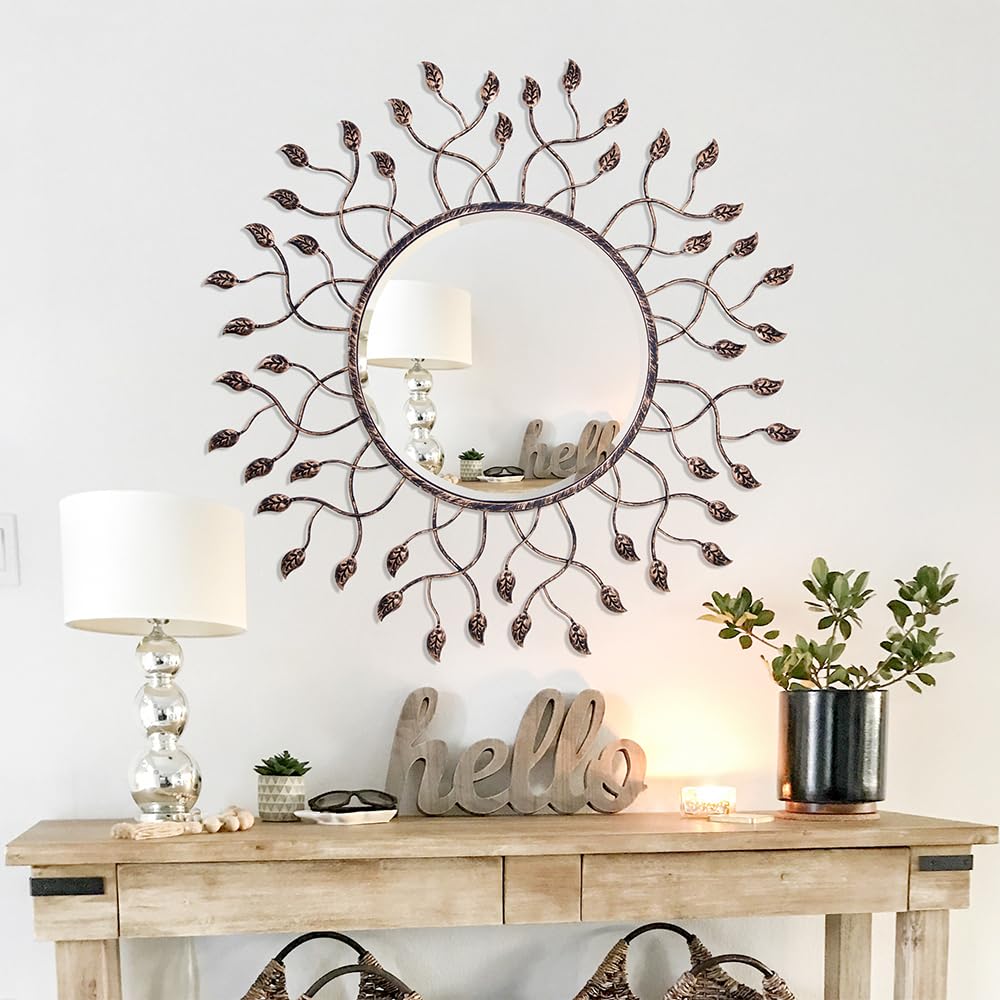 Round Mirror Decor, 32" x 32" Large Mirror with Removable Leaves, Beveled Edge and Metal Frame, Decorative Wall