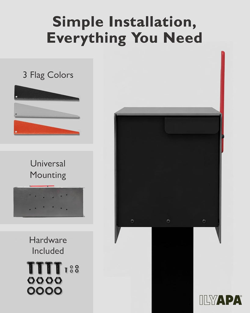 Modern Mailbox Post Mount - 21x8x10 Gray with Black Door Powder Coated Steel, Waterproof Letter Box for Parcels