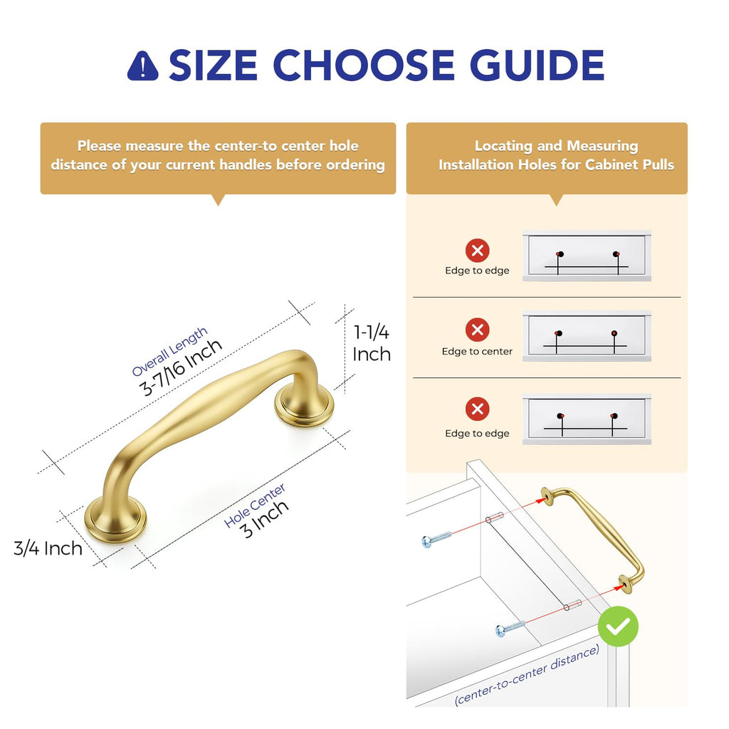 Brushed Gold Cabinet Handles Solid Pulls 3 Inch 5 Pack