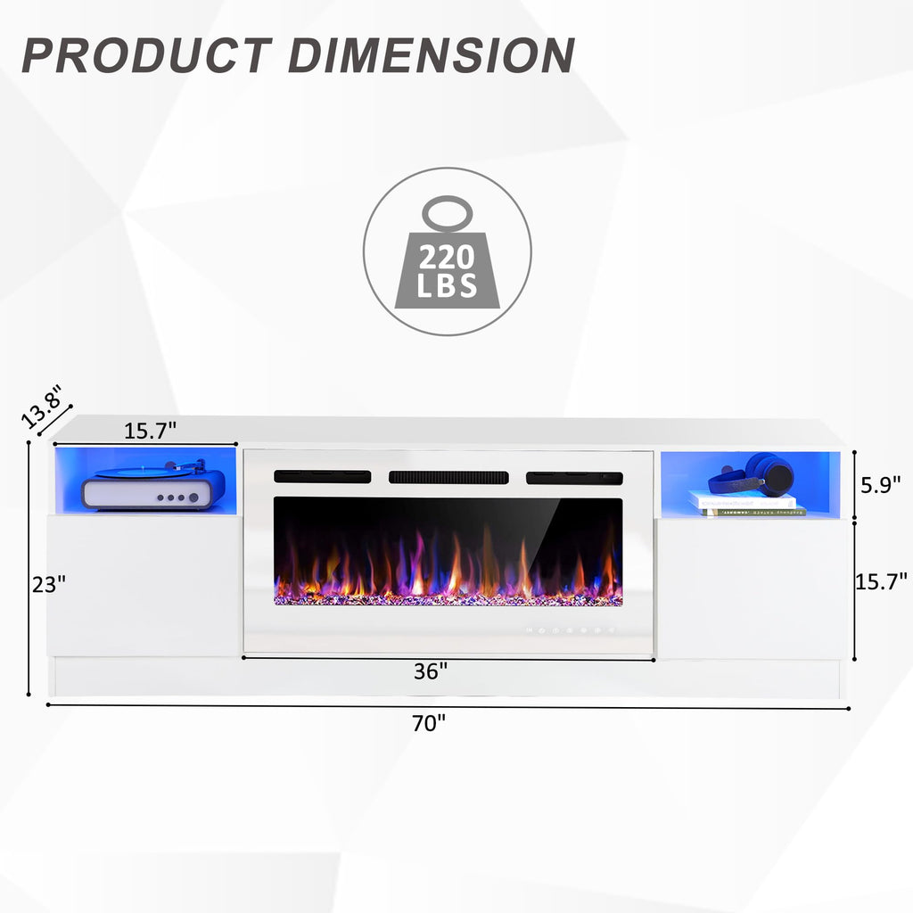 Fireplace TV Stand 70" LED Light Entertainment Center White&White