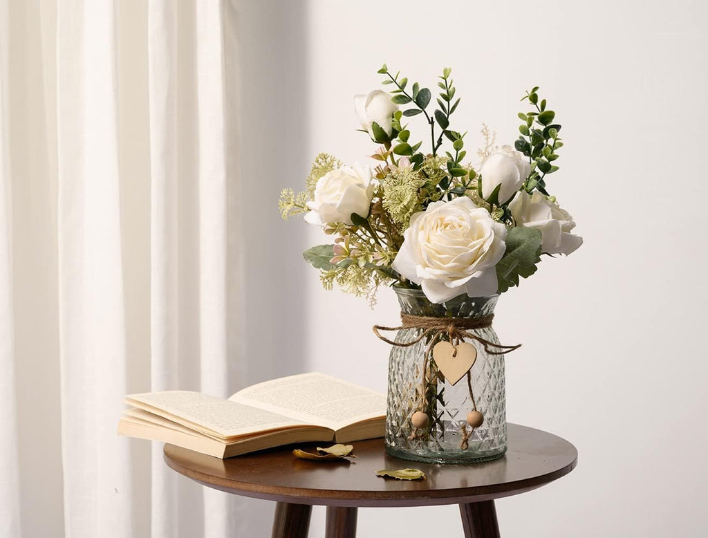 YJ Fake Flowers with Vase, Silk Roses Artificial Flowers in Vase, Faux Flower Plant Arrangement Suitable Decoration