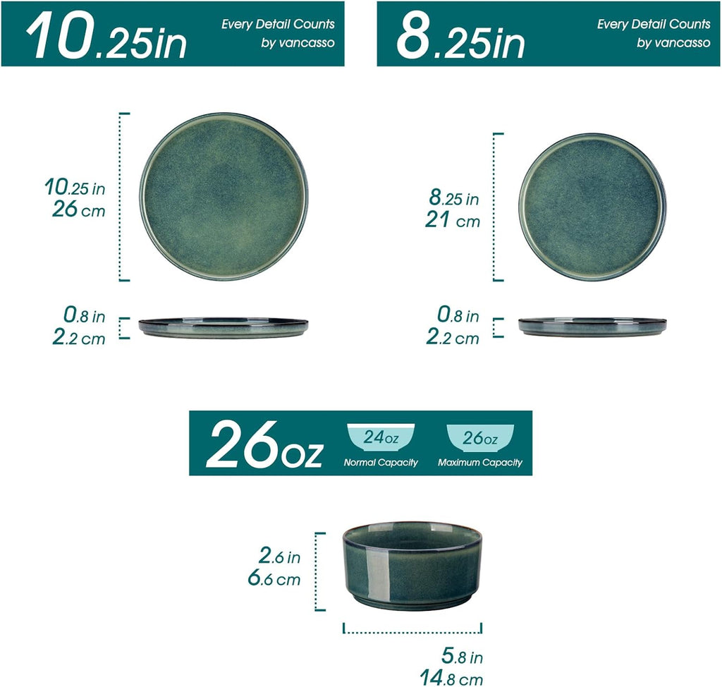 Starry Plates and Bowls Sets for 8, 24 Pieces Green Dinnerware SetsModern Stoneware Dishes Set