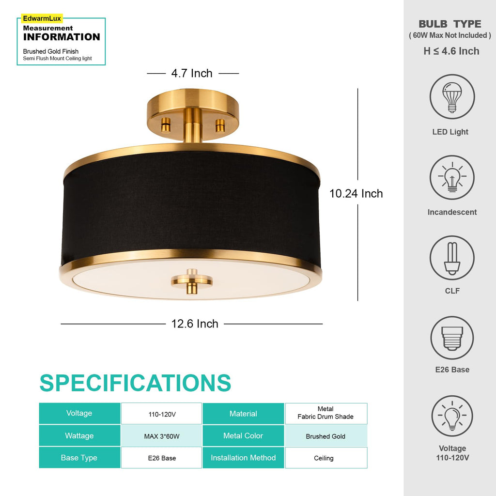 3-Light Semi Flush Mount Ceiling Light Fixture, 12.6" Gold Drum Light with Black Fabric Shade, Modern Close to