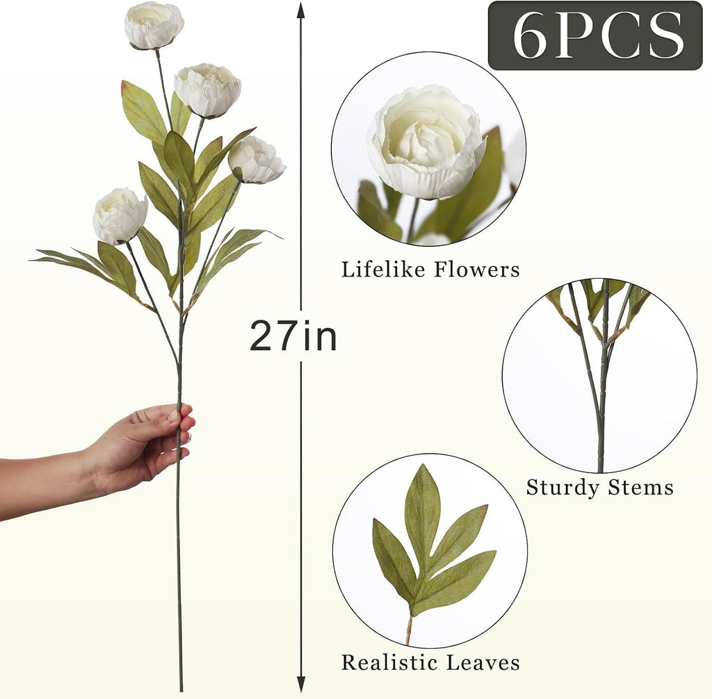 6 Pcs 27" Faux Silk Peony Artificial Flowers Stems for Vase(Cream) | Bulk Fake Peonies Branches with Stems, for DIY