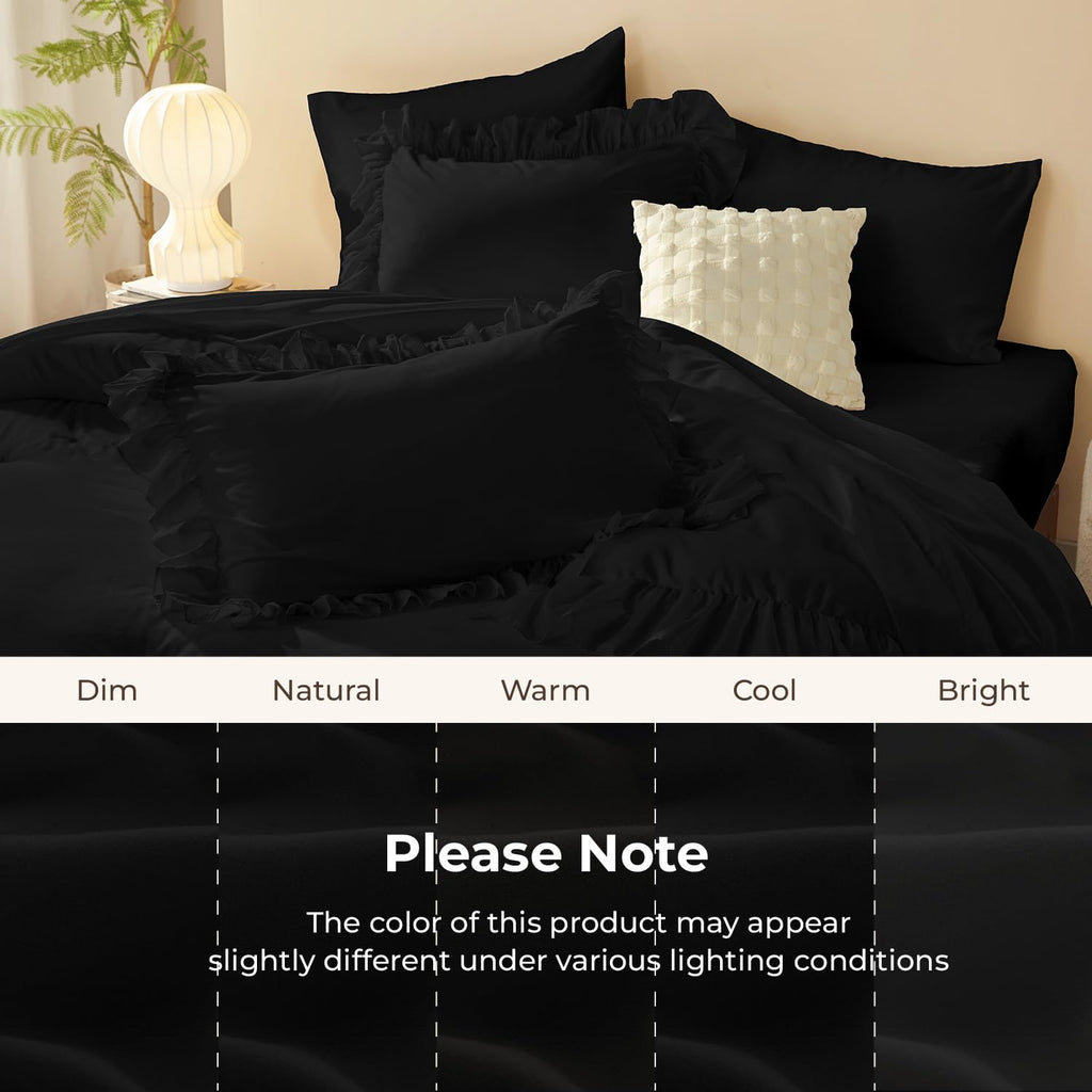 Comforter Set, 7 Pcs Black Ruffle Bed in a Bag