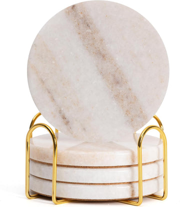 Creamy White Marble Coasters with Holder, Neutral Drink Coasters for Coffee Table, 4" Round Polished White - Set of 4