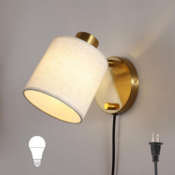 Plug-in Wall Sconce White Linen Shade Adjustable