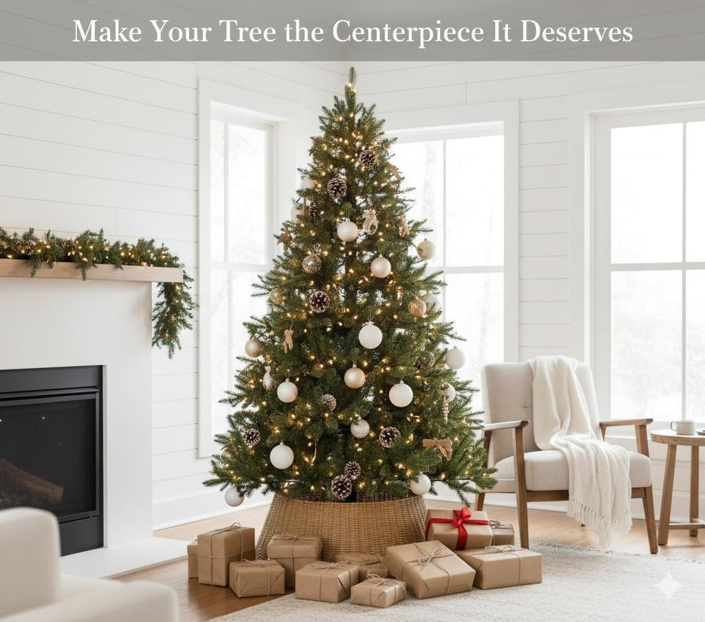 27in Farmhouse Christmas Tree Collar - Tree Basket - Natural Woven - Base Cover for Christmas Tree - Tree Skirt