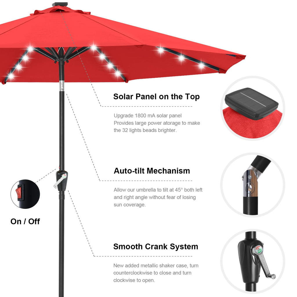 Solar Led Patio Umbrella with 32 Lights 9FT(Red)