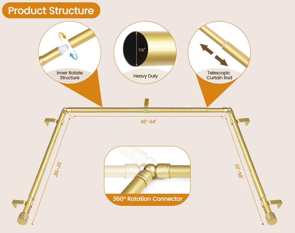 Bay Window Curtain Rods 32-86 Inch(Center), 7/8" Diameter, Gold