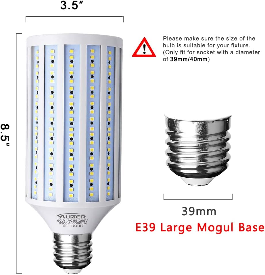 60W LED Corn Light Bulb, Large Mogul E39 Base, 6000-Lumen, 6500K Daylight Cool White,LED Corn Bulb for Large Area