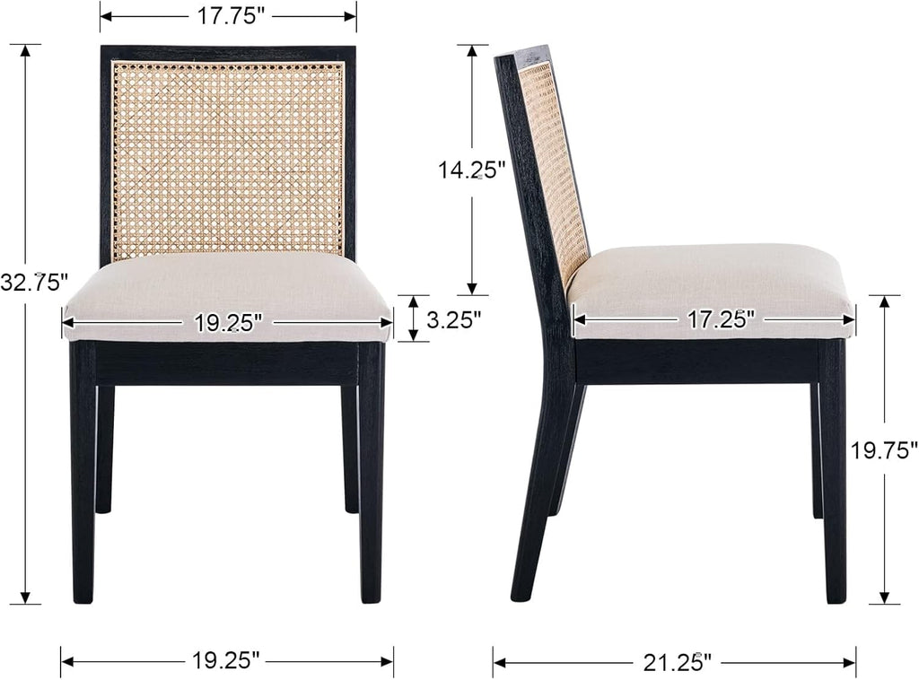 Farmhouse Rattan Dining Chairs Set of 4, Black Solid Hardwood Frame, Upholstered Linen Seat, Ergonomic Cane Back