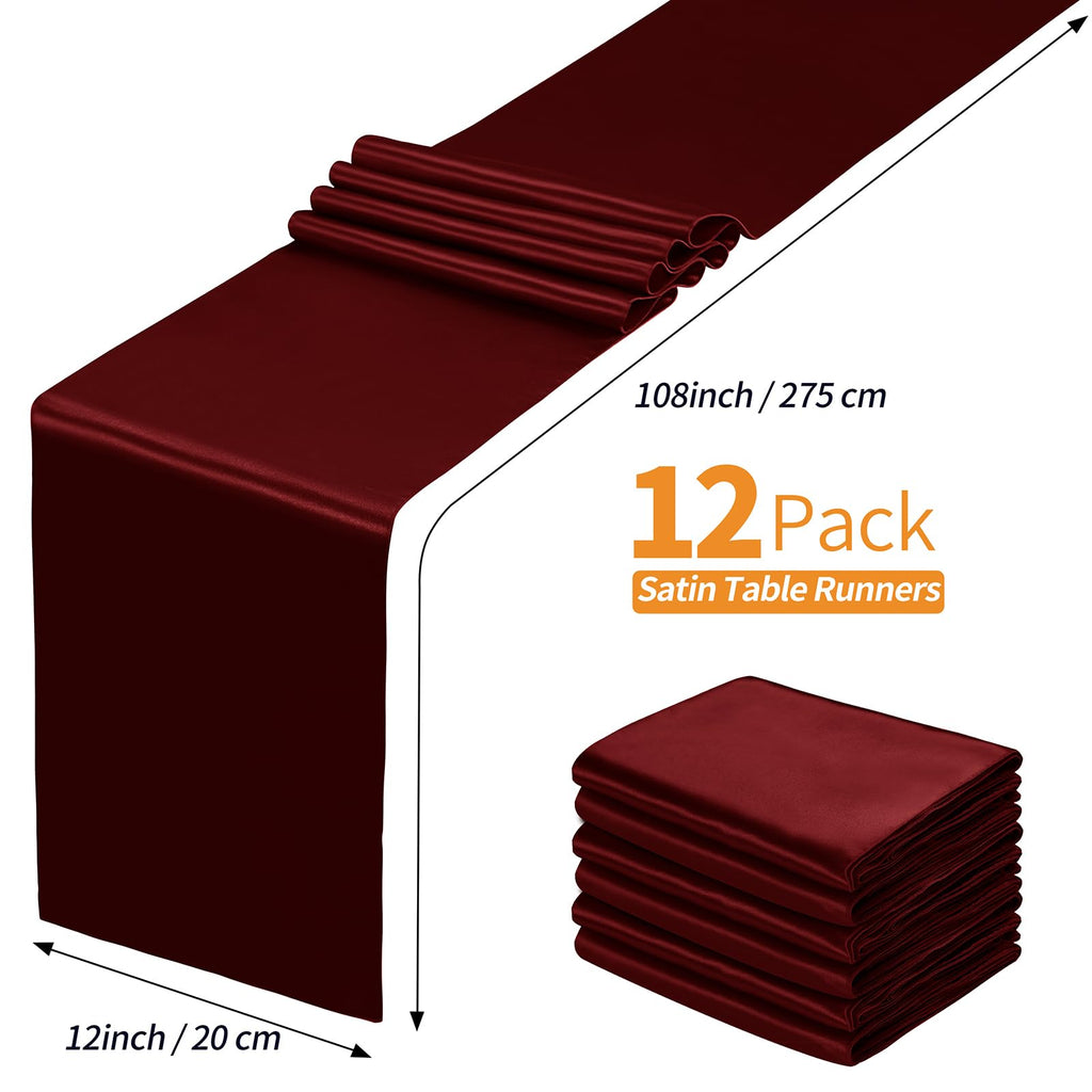 12 Pcs Burgundy Satin Table Runner 12 x 108 inches Long