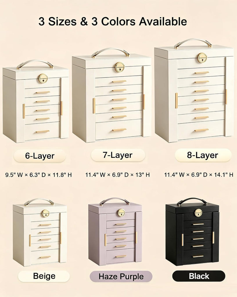 Large Jewelry Box, 6-Layer Jewelry Organizer with 5 Drawers -Beige
