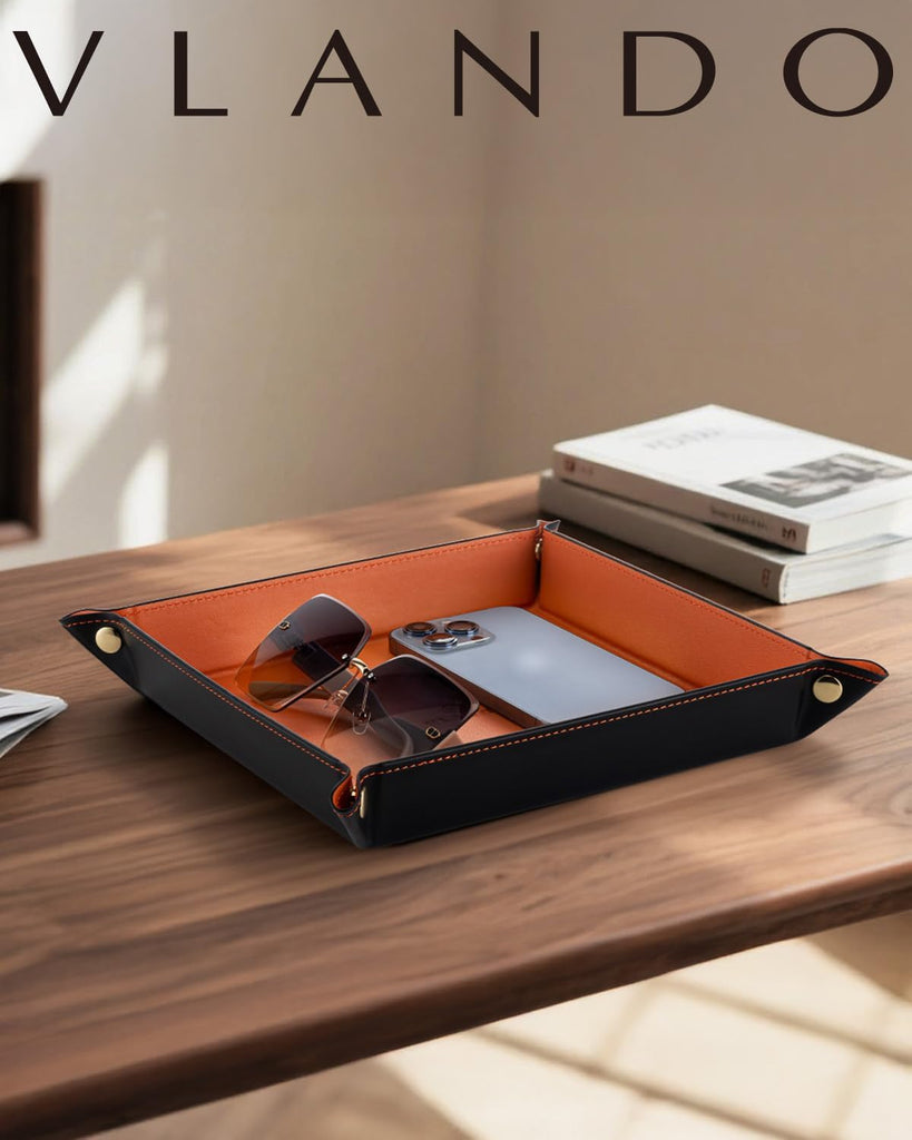 Travel Valet Tray, Foldable PU Leather Catchall Tray, Orange Black